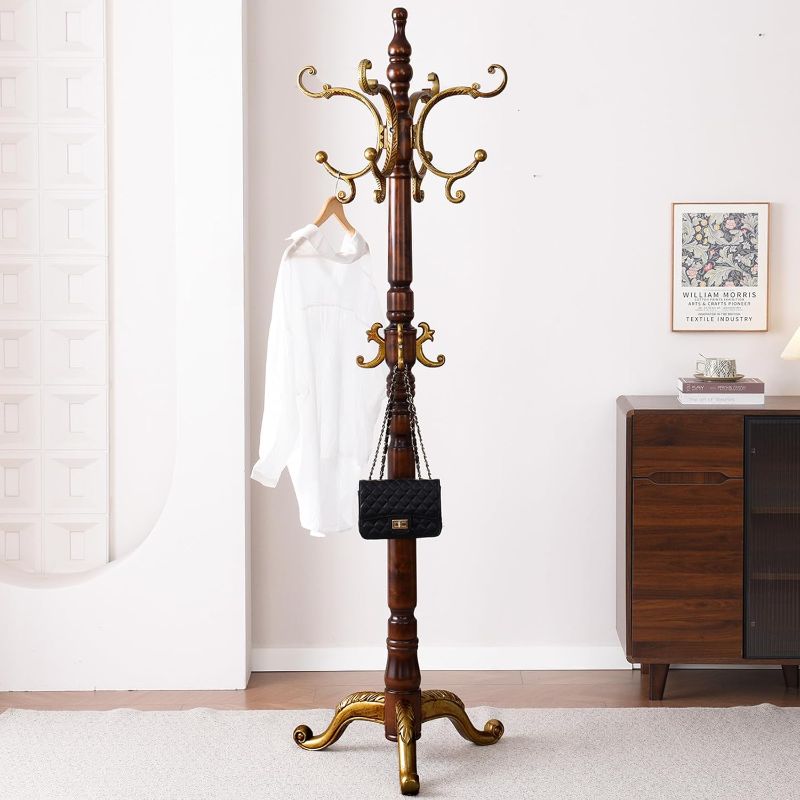Photo 1 of Wooden Coat Racks, Retro 78" Coat Tree with 12 Hooks & Stable Triangular Base, Entryway Coat Rack Freestanding for Hat, Clothes, Scarves, Handbags, Umbrella (Vintage)
