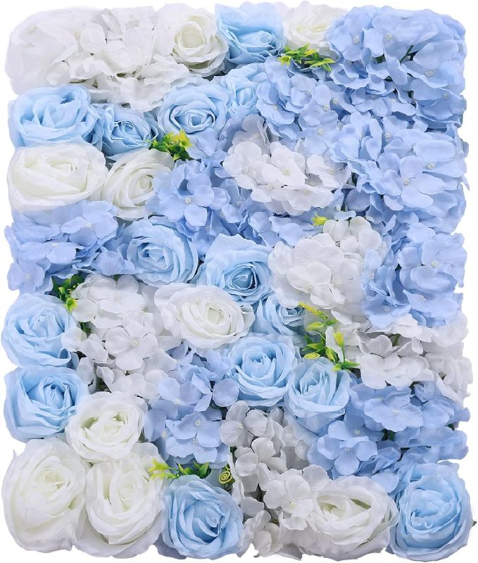 Photo 1 of 12 Pcs Artificial Flower Wall Panel Floral Backdrop Wall 24" X 16" Flower Wall Decor Wall Panel Flower Wall Backdrop Faux Flower Panel for Party Home Background Decor Blue & White