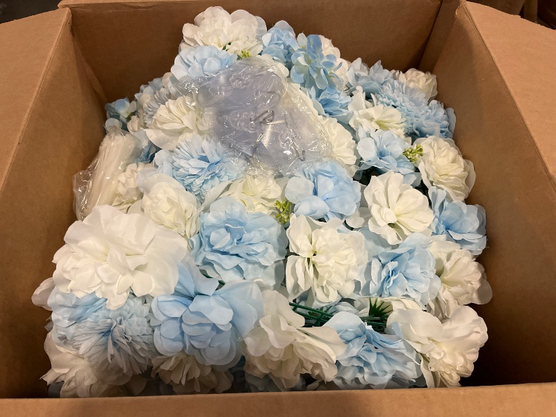 Photo 1 of 12 Pcs Artificial Flower Wall Panel Floral Backdrop Wall 24" X 16" Flower Wall Decor Wall Panel Flower Wall Backdrop Faux Flower Panel for Party Home Background Decor Blue & White