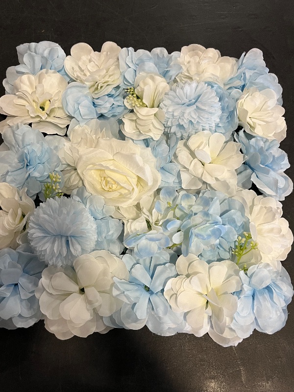 Photo 1 of 12 Pcs Artificial Flower Wall Panel Floral Backdrop Wall 24" X 16" Flower Wall Decor Wall Panel Flower Wall Backdrop Faux Flower Panel for Party Home Background Decor Blue & White