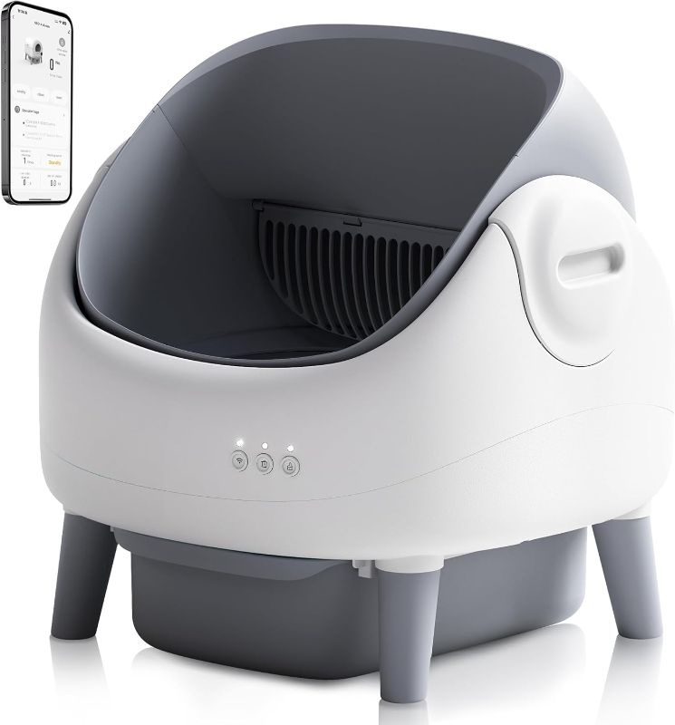 Photo 1 of Open-Top Self Cleaning Litter Box, Automatic Cat Litter Box with APP Control, Dual Safety Sensors, Includes Trash Bags, Grey-White
