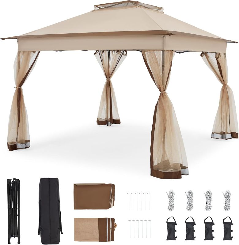 Photo 1 of 11x11 Pop Up Gazebo Tent with Mosquito Netting – Quick Set Up, Water-Resistant Outdoor Canopy for Patio, Garden, Backyard, and More,Khaki
