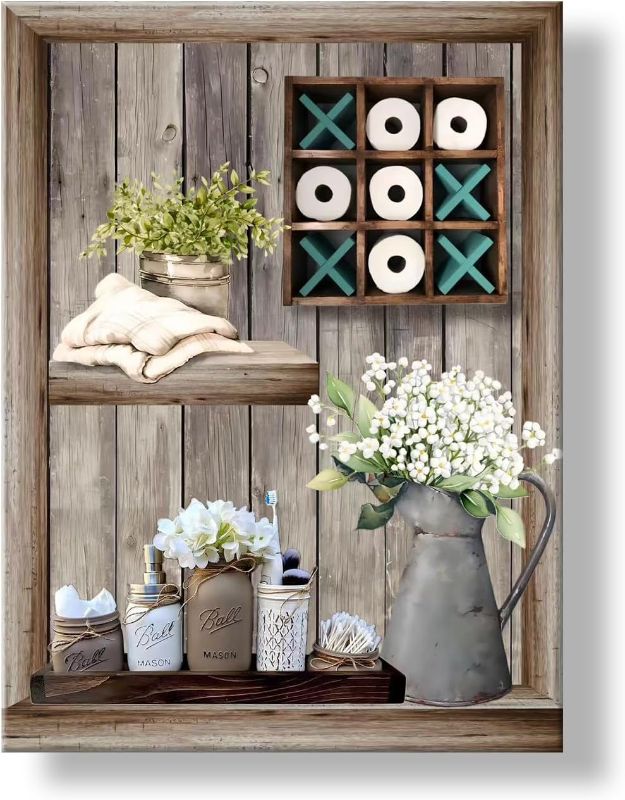 Photo 1 of Farmhouse Canvas Print Bathroom Wall Art White Flower Picture Bathroom Wall Decor Vintage Rustic Brown Wood Background Painting Home Decor
