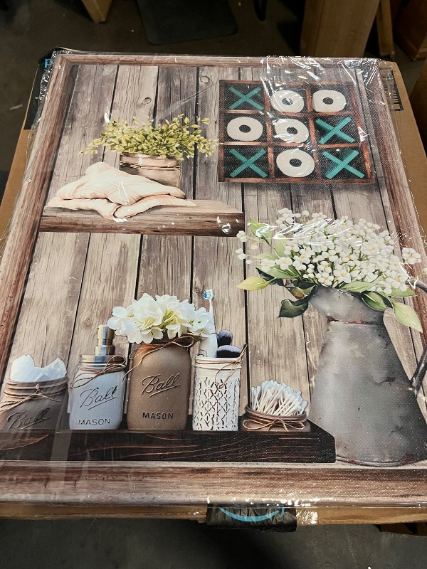 Photo 1 of Farmhouse Canvas Print Bathroom Wall Art White Flower Picture Bathroom Wall Decor Vintage Rustic Brown Wood Background Painting Home Decor
