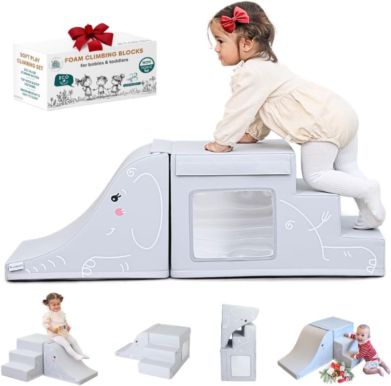 Photo 1 of LORAIA® Non-toxic foam climbing blocks for toddlers -Large vegan leather baby climbing blocks - High-end soft play set w/TOP fasteners & baby slide - Climbing toys for toddlers 1-3 inside (Light grey)
