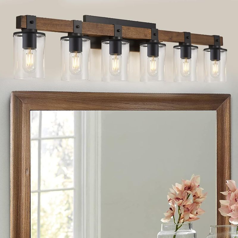 Photo 1 of DUJAHMLAND 6-Light Wood Vanity Light,40.5 inch Farmhouse Bathroom Metal Wall Sconce with Cylinder Clear Glass Shade,Industrial Wall Light Fixtures for Hallway,Kitchen,Bedroom(Wood, 6-Light)
