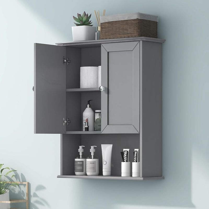 Photo 1 of Grey Wall Mounted Bathroom Cabinet 24x30 Inch Wooden Over Toilet Storage Cabinet with 2 Doors, Above Toilet Medicine Cabinets for Bathroom Laundry Room Bedroom Kitchen
