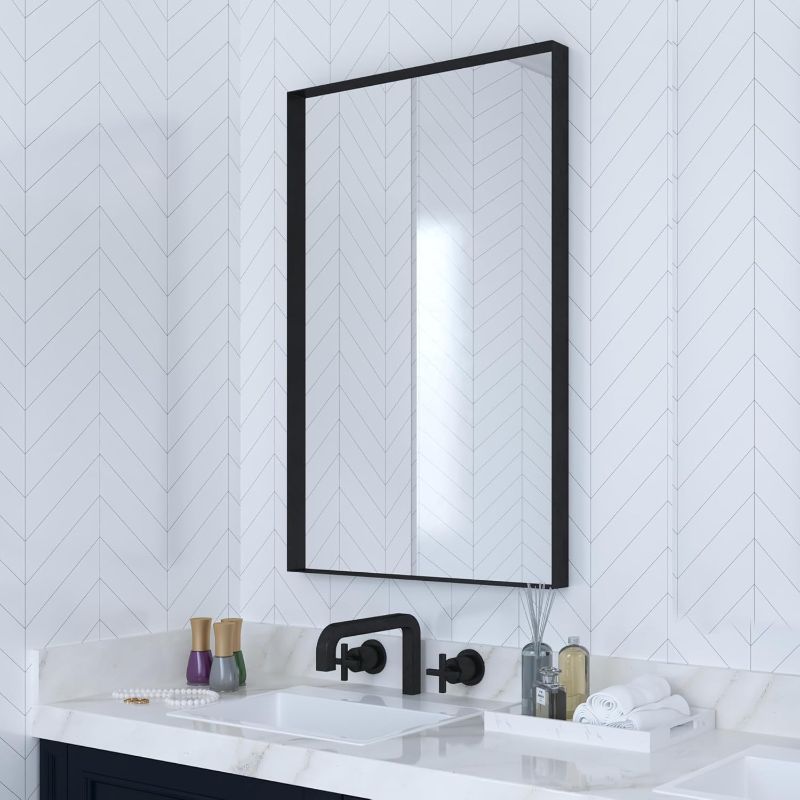 Photo 1 of VocalStar Black Metal Framed Bathroom Mirror for Wall, 24 x 36 Inch Square Corner Rectangle Black Bathroom Vanity Mirror Modern Farmhouse, 1/4-inch Shatterproof Glass | Ultra-Flush Hanging
