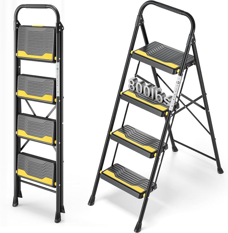 Photo 1 of 4 Step Ladder, Heavy-Duty Pass 800lb Capacity Test, Wide Anti-Slip Steps & Secure Handrail Compact, Folding Step Stool Portable Design for Home, Kitchen, Office, Pantry, Closet Use, Black
