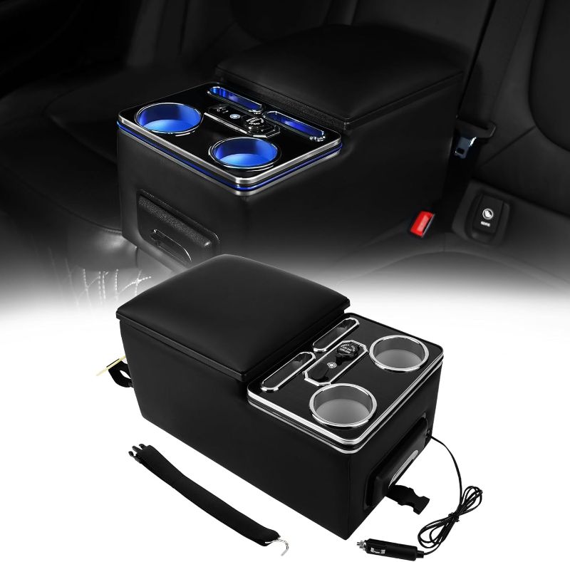 Photo 1 of Center Console Organizer Center Console, Lighting with Fast Phone Charger, Spacious Storage Drawer, Cup Holders, Phone Slots, Armrest for Rear Bench Seat Car Interior Accessories