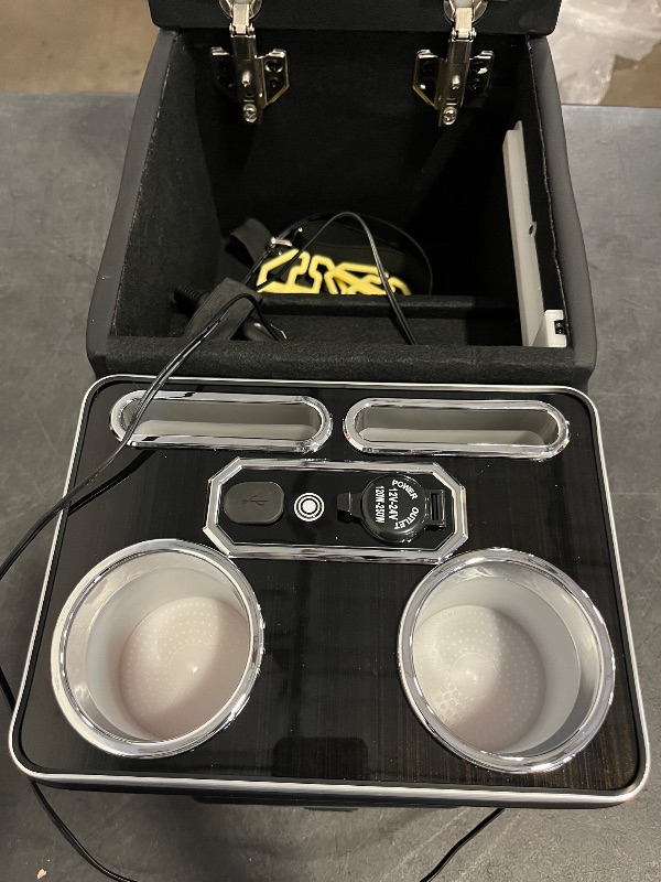 Photo 1 of Center Console Organizer Center Console, Lighting with Fast Phone Charger, Spacious Storage Drawer, Cup Holders, Phone Slots, Armrest for Rear Bench Seat Car Interior Accessories