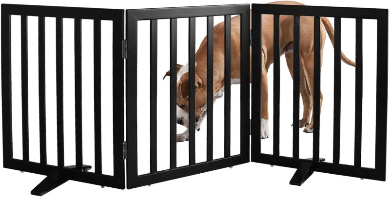 Photo 1 of ZJSF Freestanding Indoor Dog Gate for House Foldable Wood Puppy Gate for Doorways Pet Gate for Stairs Extra Wide Pet Fence, Black, 24" Height 3 Panels
