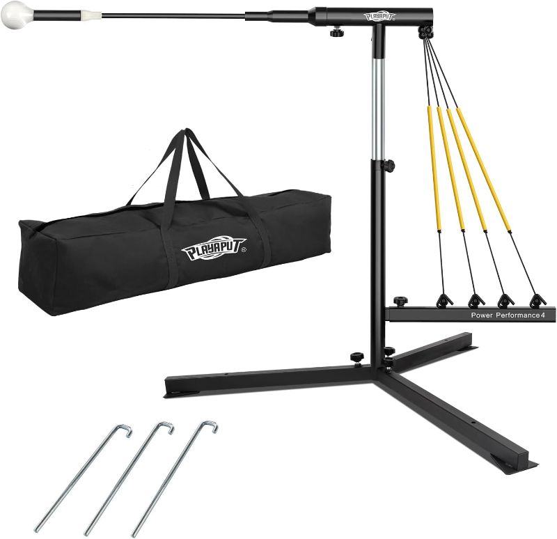 Photo 1 of Baseball Swing Trainer with 4 Power Bands,Auto Reset Baseball Hitting Trainer,Softball Swing Trainer,Height Adjustable 31-47 inches Baseball Training Equipment Improve Power,Speed
