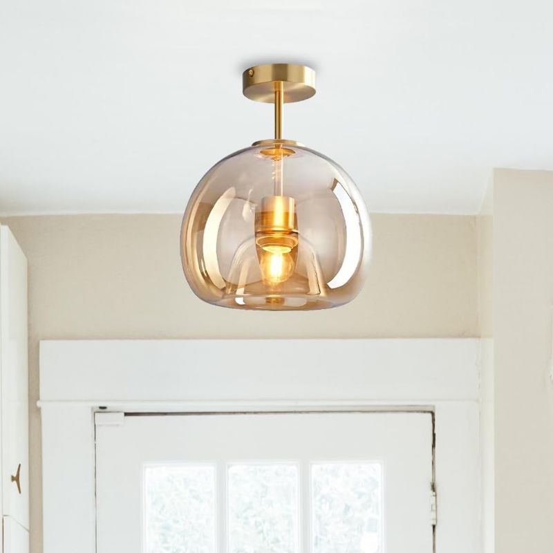 Photo 1 of Globe Glass Ceiling Light Fixtures, 9.84 inch Hallway Ceiling lamp, Modern Round Semi Flush Mount Ceiling Light for Hallway Porch Corridor Kitchen in Amber
