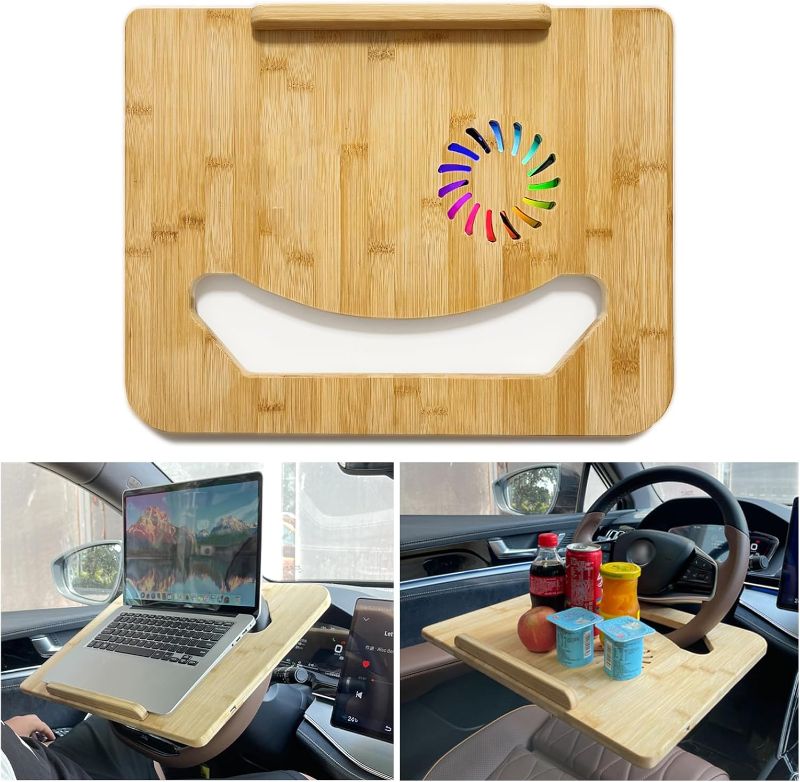 Photo 1 of Smiley Car Steering Wheel Laptop Cooling Folding Desk,Quiet Cooling Fan with Colored Lights,truck&Car Writing Surface,Tablet Table-Minivan Desk,Automobile Lunch Tray/Vehicle Desk for 13"-16" Laptops 2
