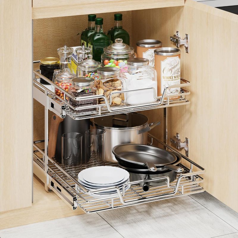 Photo 1 of 2-Tier Kitchen Cabinet Pull Out Shelf and Drawer Organizer Slide Out Pantry Storaqe Basket in Multiple Sizes (19" W x 21" D)
