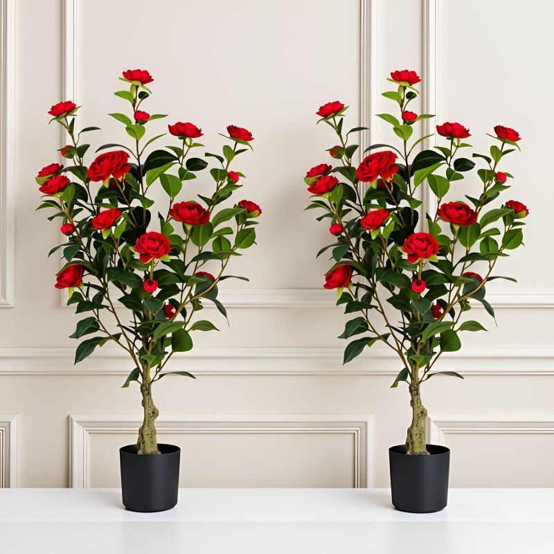 Photo 1 of Artificial Camellia Tree 2 Pack, 3FT Faux Camellia Plant in Pot, 36 inch Fake Potted Camellia Flower Tree Plastic Camellia Tree for Modern Home Office Living Room Floor Decor Indoor, Red