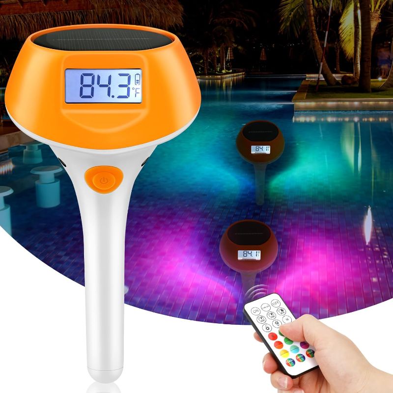 Photo 1 of Upgraded Solar-Powered Digital Pool Thermometer Floating Pool Lights with Backlit LCD Easy to Read, Remote Control Dynamic Light Show, Large Solar Panel Waterproof Water Thermometers for Hot Tub
