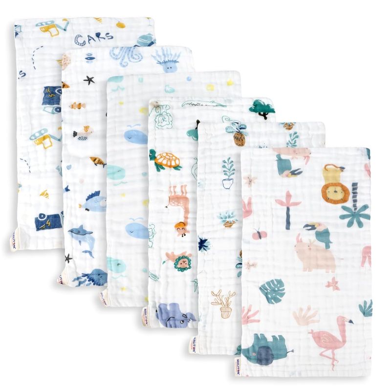 Photo 1 of Maliton Muslin Baby Burp Cloths 6 Pack Large 20''x10'' 100% Cotton Burp Rags Absorbent and Soft 6 Layers Muslin Cloth Baby Essentials for Newborn(Animals and Cars, Pack of 6)
