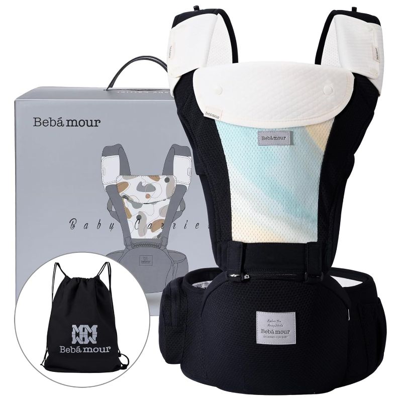 Photo 1 of Bebamour Baby Carrier Newborn to Toddler-2 in 1 Hip Seat & Carrier Front and Back Carry with Head Hood & 3 Pieces Teething Pads& Waist Extenders & Storage Bag 0-36 Months (New Black)
