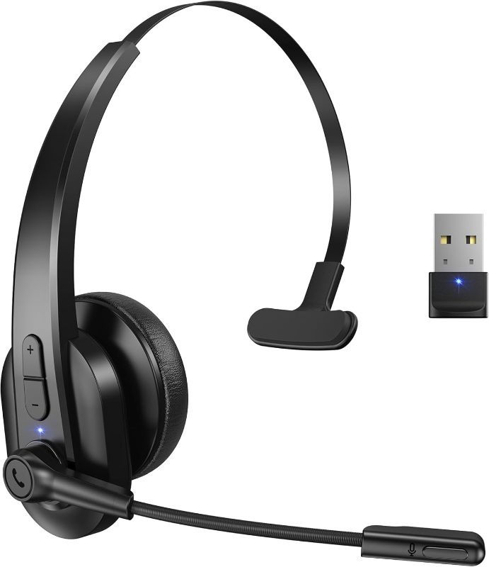 Photo 1 of Bluetooth Headset with USB Dongle for Computer, Single-Ear Wireless Headset with Noise Cancelling Microphone for Office & Truckers, Bluetooth V5.2 with Mute Button for Work
