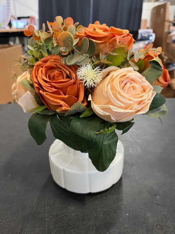 Photo 1 of Silk Roses Artificial Flowers in Vase,Fake Flowers with Vase,Faux Flower Arrangement with Vase for Home Office Decoration, Dining Table Centerpiece
