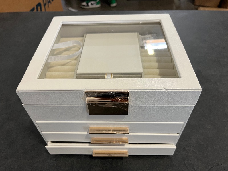 Photo 1 of SONGMICS Jewelry Box Organizer with Glass Lid, 4-Layer Jewelry Storage, with 3 Drawers, Modern Style, 8 x 9.1 x 6.5 Inches, Cloud White and Gold Color UJBC173W01
