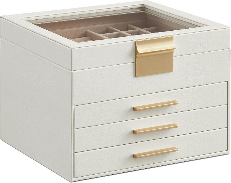 Photo 1 of SONGMICS Jewelry Box Organizer with Glass Lid, 4-Layer Jewelry Storage, with 3 Drawers, Modern Style, 8 x 9.1 x 6.5 Inches, Cloud White and Gold Color UJBC173W01
