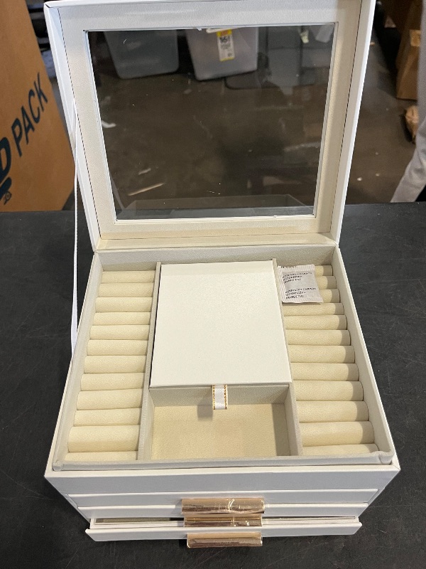 Photo 1 of SONGMICS Jewelry Box Organizer with Glass Lid, 4-Layer Jewelry Storage, with 3 Drawers, Modern Style, 8 x 9.1 x 6.5 Inches, Cloud White and Gold Color UJBC173W01
