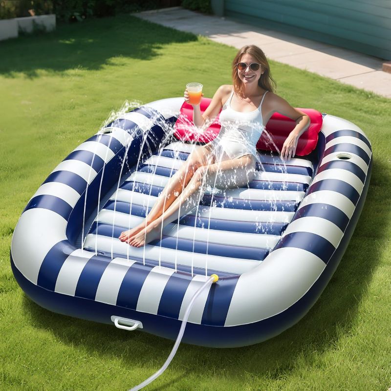 Photo 1 of Pool Wave Inflatable Pool Lounger Floats W/Water Sprinkler, 80" x 66" Large Tanning Bed for Adult Kids, Outdoor Sun Bathing Floating Blow up Raft W/Pillow, Summer Beach Lake Family Party Gift - Blue

