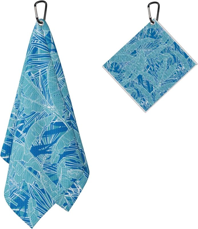 Photo 1 of 2 Pack Blue Tropical Palm Leaves Golf Towels for Men Women, Microfiber Waffle Golf Towel with Clip
