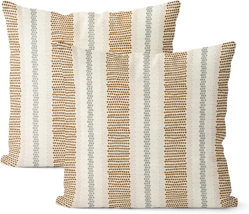 Photo 1 of Brown Grey Gray Outdoor Pillow Covers 18x18 Set of 2 Boho Polka Dot Striped Throw Pillows Abstract Modern Geometry Decorative Pillow Cases Farmhouse Linen Cushion Case Decora for Sofa Couch