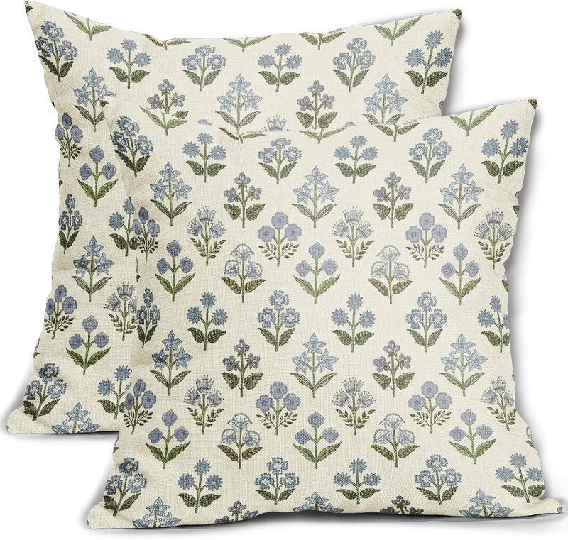 Photo 1 of Blue Green Block Print Pillow Covers Set of 2, Vintage Floral Spring Decorative Throw Pillow Cases Boho Cushion Covers Rustic Decoration Gift Farmhouse Sofa Couch Bed Decor
