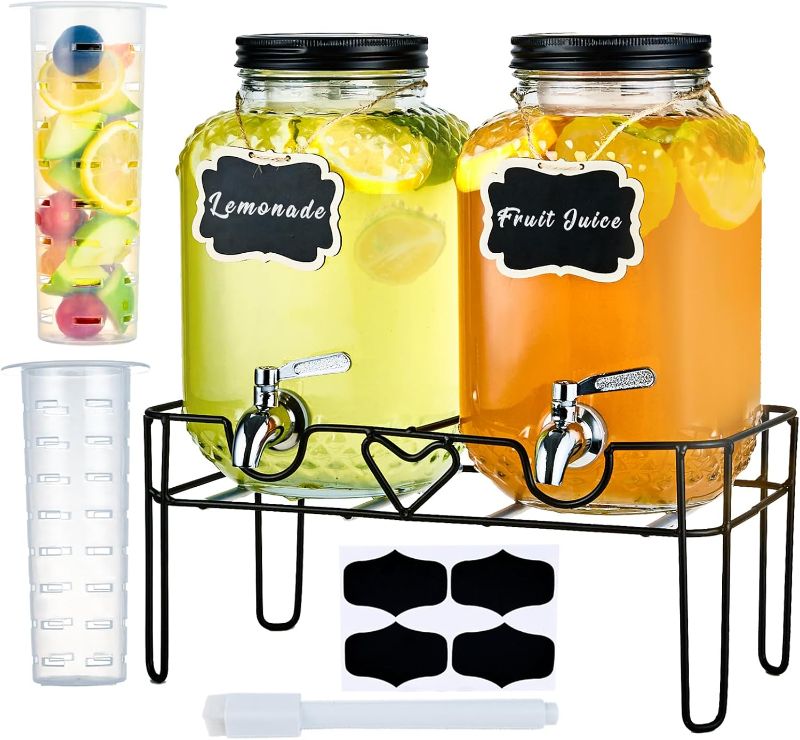 Photo 1 of 1 Gallon Glass Drink Dispensers for Parties, Beverage Dispenser with Stand and Fruit Infuser, Glass Lemonade Dispenser with Stainless Steel Spigot for Kombucha, Sun Tea, Juices, BBQ, Weddings
