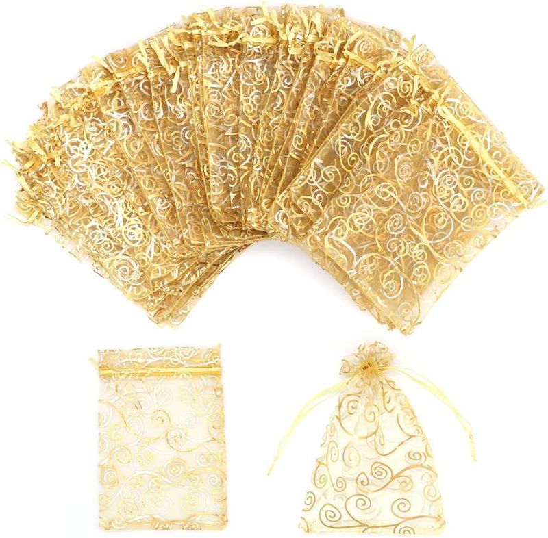 Photo 1 of Staruby Organza Gift Bags 100Pcs Gold Sheer Organza Bag 4x6 Inch Mesh Favor Bags Drawstring Jewelry Rattan Printed Gift Pouches for Wedding Party Favors Couple Shower Christmas Gifts Candy Bags
