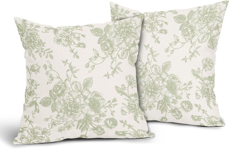 Photo 1 of Vintage Floral Pillow Covers Set of 2 Sage Green and Cream Floral Throw Pillow Covers Chinoiserie Flower Pillowcases Rustic Farmhouse Cotton Linen Cushion Covers for Couch Bed Sofa Decor
