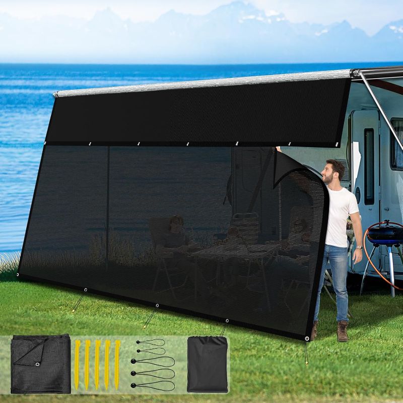 Photo 1 of RV Awning Sun Shade Screen with Zipper 9' X 19'3",600D Oxford Cloth + Vinyl Mesh,Sunscreen Shade Complete Kits for Camper Trailer Awning,Black
