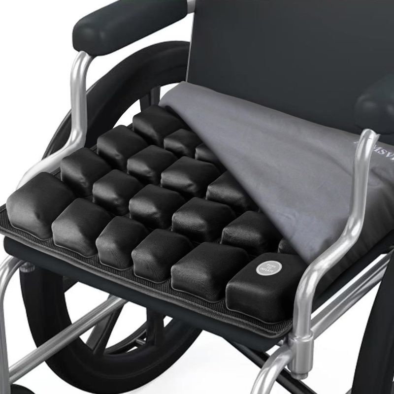 Photo 1 of Inflatable Seat Cushion for Car, Office and Wheelchair, Adjustable Firmness, Ergonomic Support for Lower Back and Tailbone, 18x16x2.1 inches, Grey Cover
