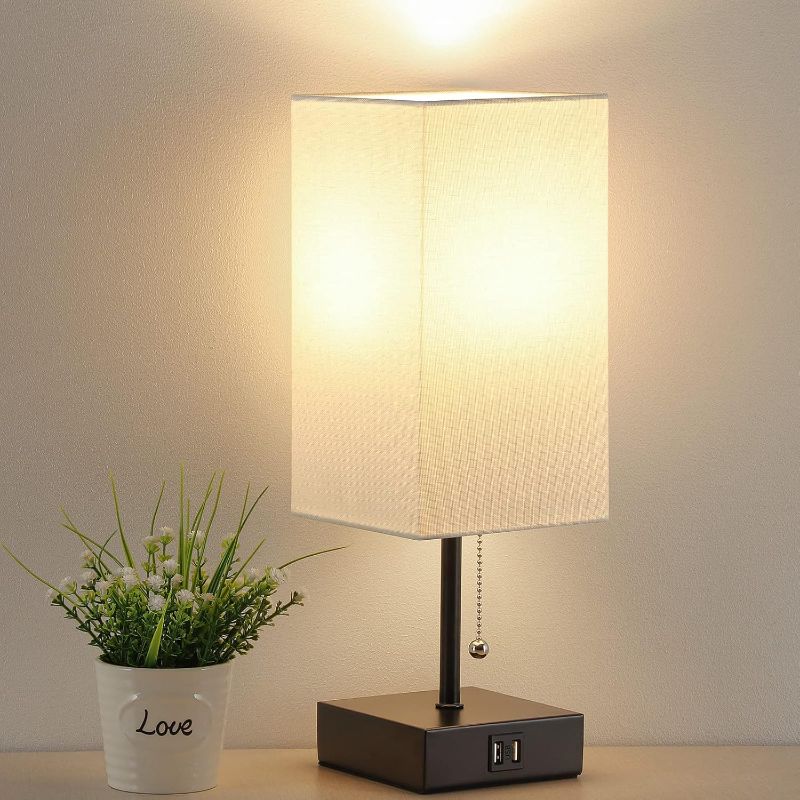 Photo 1 of GGOYING Pull Chain Table Lamp, Bedside Lamps with 2 USB Charging Ports, 2700K LED Bulb, White Linen Lampshade for Living Room, Dorm, Office, Home
