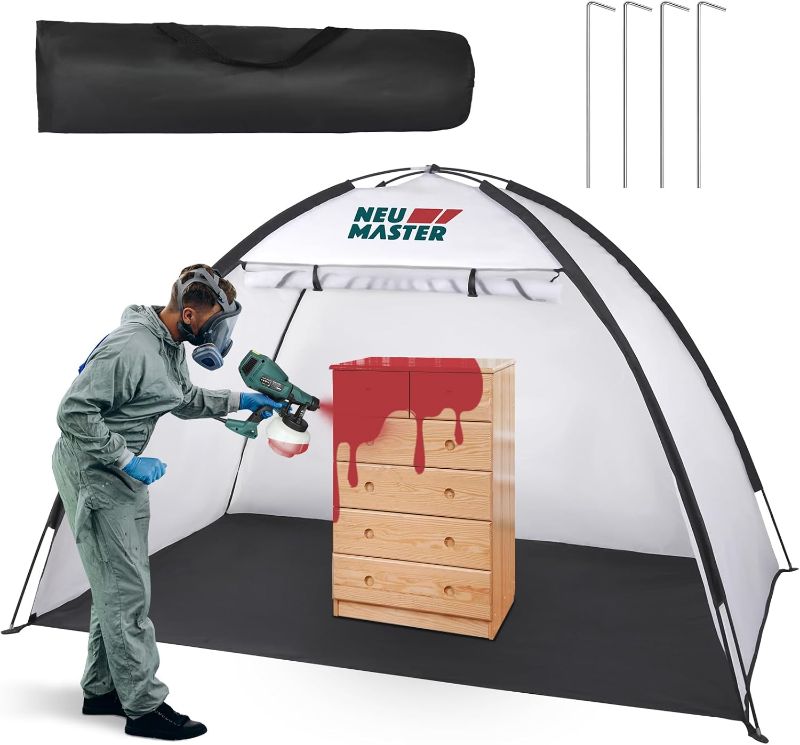 Photo 1 of NEU MASTER Paint Booth, Larger Paint Tent (8.9x5.9x5.6 ft) with Built-in Floor & Mesh Screen & Windproof Hooks, Furniture DIY Hobby Portable Spray Paint Tent, White, Black

