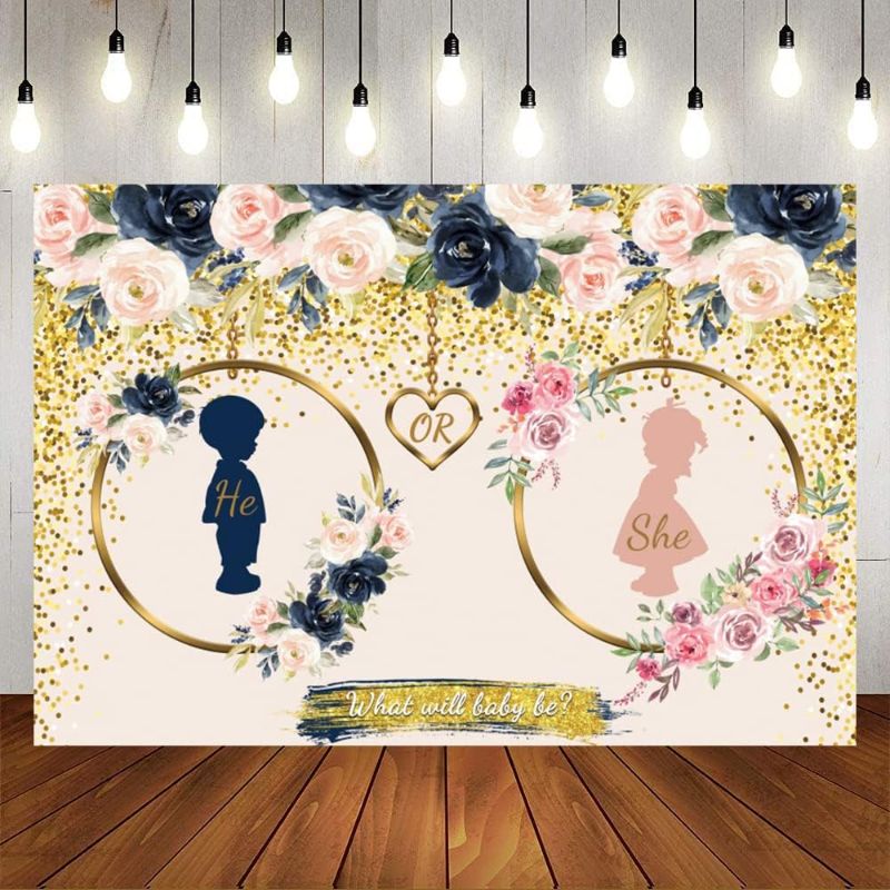 Photo 1 of Gender Reveal Backdrop Navy and Blush He or She What Will Baby Be Gender Reveal Backdrop Boy or Girl Pregnancy Reveal Photography Background Baby Shower Backdrop Cake Table Decor
