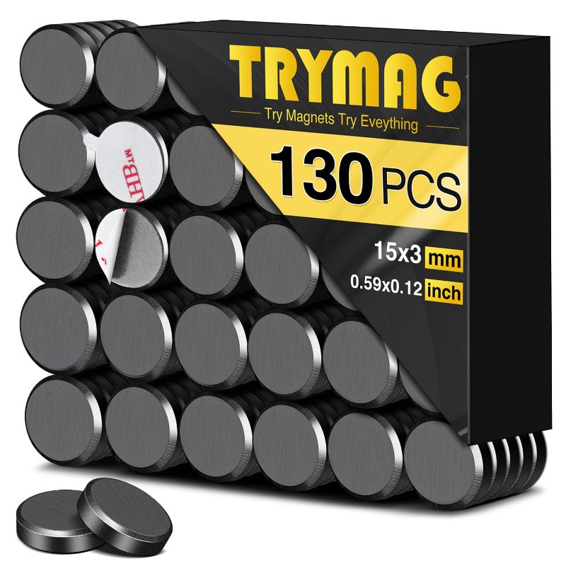 Photo 1 of TRYMAG Small Ceramic Round Disc Magnets with Adhesive Backing, 15x3mm Tiny Flat Circle Ferrite Industrial Magnets for Crafts, Science, Hobbies, Project - 0.6Inch, 130Pcs
