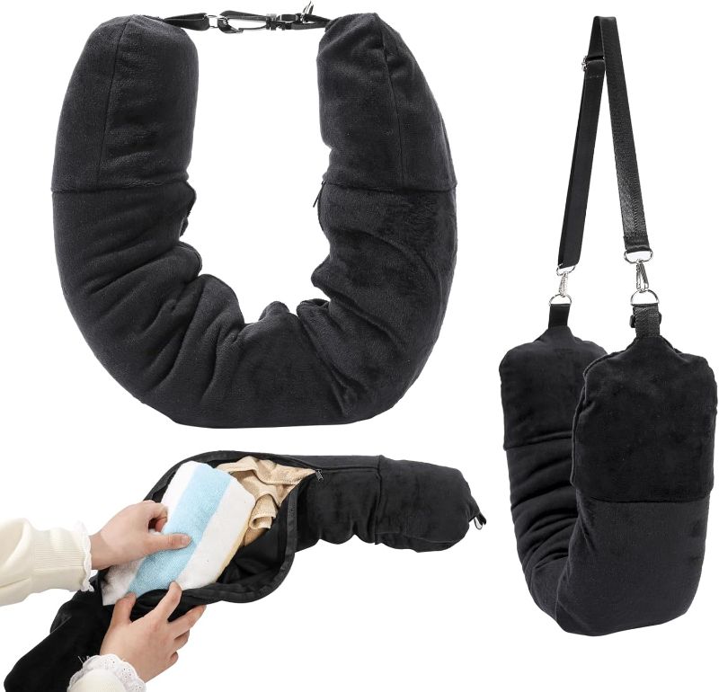 Photo 1 of Stuffable Travel Pillow for Extra Luggage, Velvet Travel Neck Pillow Storage Bag with Adjustable Neck Size, Fits Up to 3 Days Travel Essentials Multifunctional U-Shapes Pillow
