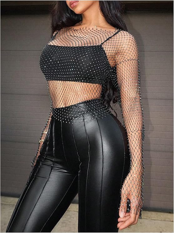 Photo 1 of M SweatyRocks Women's Y2K Top Rhinestone Sexy Going Out Top Long Sleeve Sparkle Party Club Mesh Shirt
