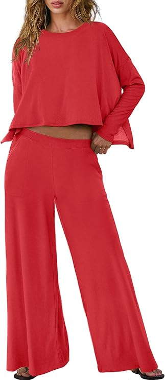 Photo 1 of XL *Similar to Picture** 
Panadila Womens Oversized Lounge Sets 2 Piece Matching Pajama Sets Long Sleeve Crop Top and Wide Leg Pants with Pockets