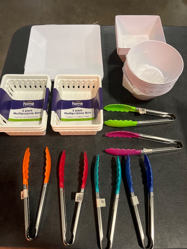 Photo 1 of 46 Item Kitchen Bundle , Includes 4 Plastic Square Plates(Not Microwavable), 6 Square Plastic Dipping Bowls(Not Microwavable), 10 Circle Soup Bowls (Not Microwavale) 2 Multipurpose Bins (3pack) , and 6 Different Color Tongs.