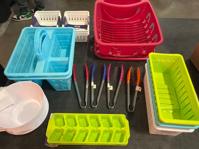 Photo 1 of 23 Item Kitchen Bundle , Includes 1 Dish Rack, 2 Caddy's, 2 3pack Multipurpose Bins, 3 2 Divider Organizers, 4 Different Color Tongs, 1 2pack of Ice Cube Trays, 10 Plastic Soup Bowls(Not Microwavable) 