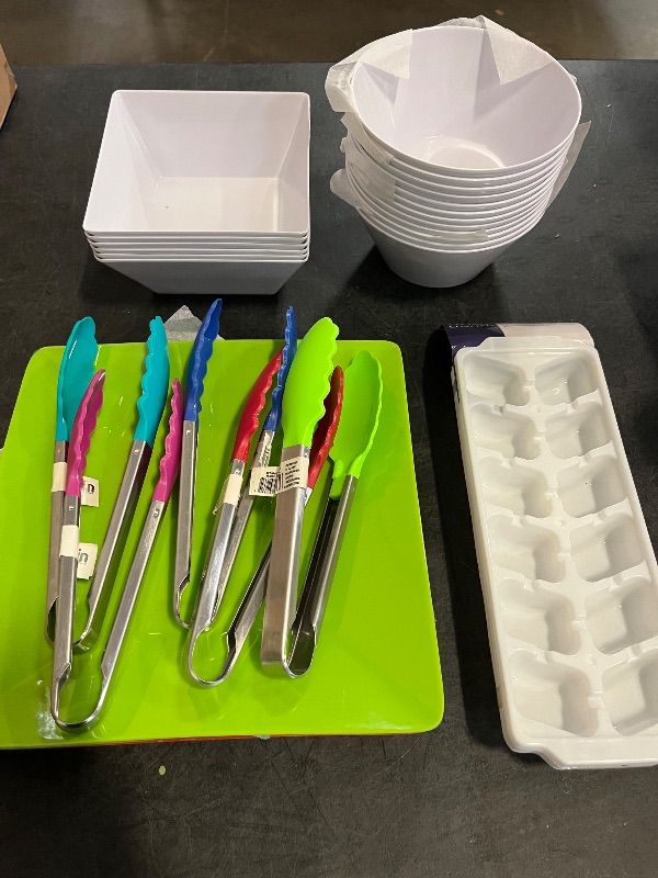 Photo 1 of 30 Item Kitchen Bundle , Includes 6 Square Plates(Red,Light Green,Dark Green), 1 2pack Ice Cube Tray, 6 Square Dipping Bowls(Not Microwable), 12 Circle Soup Bowls(Not Microwavable) and 5 Different Color Tongs