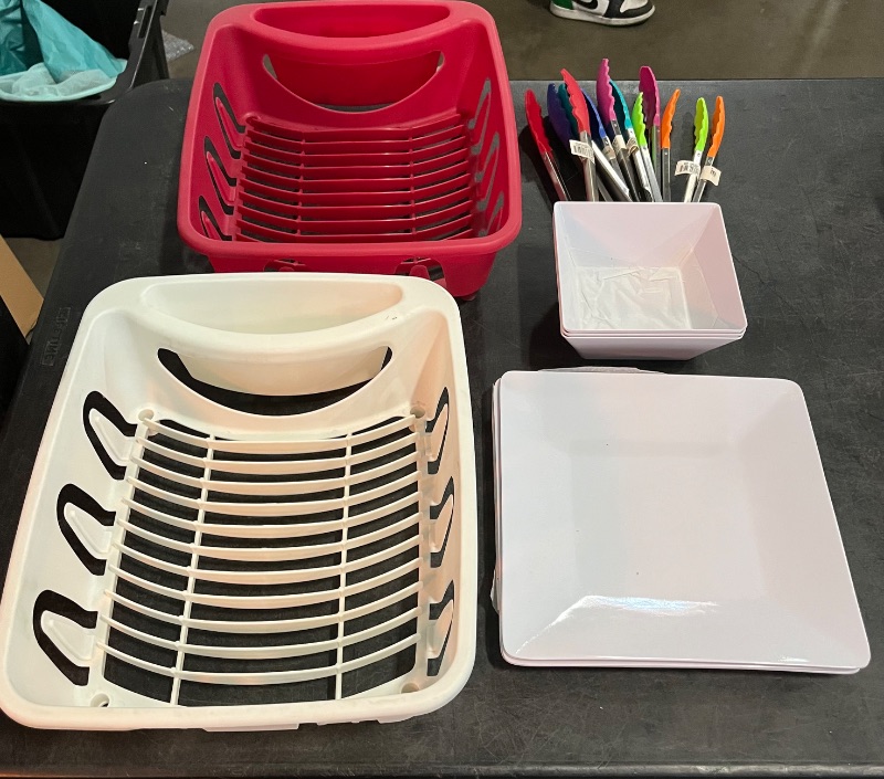 Photo 1 of 13 Item Kitchen Bundle , Includes 6 Different Color Tongs, 2 DishRacks, 3 Square Dipping Dishes, and 3 Sqaure Serving Plates( Not Microwavable Safe) 