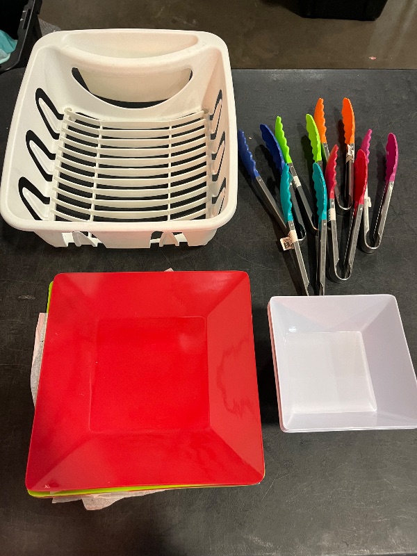Photo 1 of 17 Item Kitchen Bundle Includes 6 Square Plates(Dark Green, Light Green, and Red) , 1 DishRack, 4 Square Dipping Bowls (Not Microwavable) and 6 Different Color Tongs
